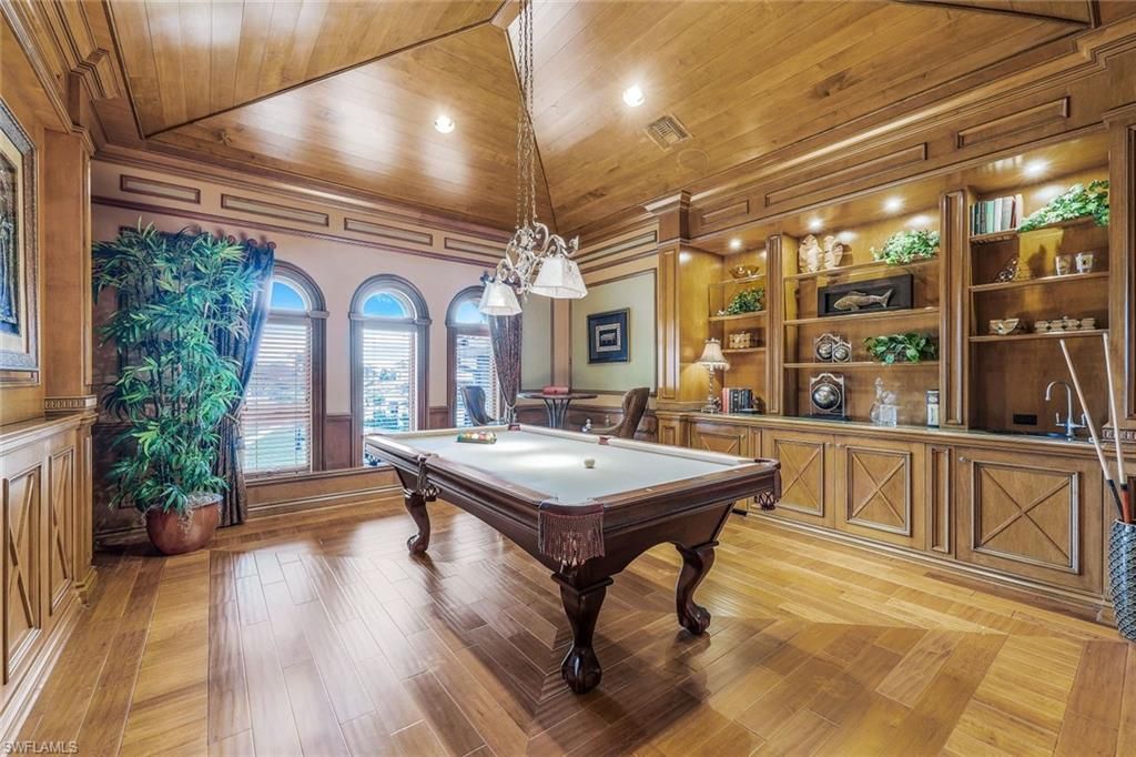 Billiard Table, Game Room, Interior, Pendant Lights, Recessed Lighting, Wooden Ceilings, Wood Texture Flooring, Wooden Walls