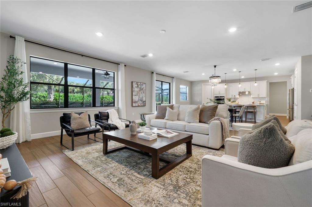 Interior, Kitchen, Living room, Pendant Lights, Recessed Lighting, Wood Texture Flooring