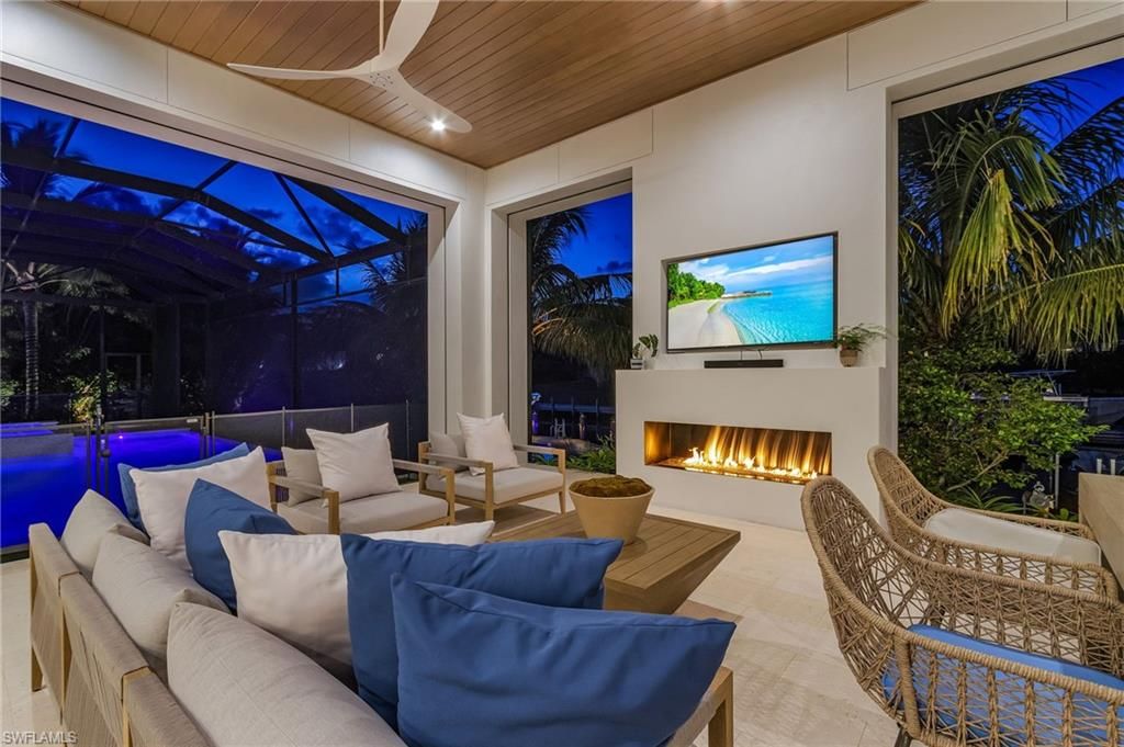 Fireplace, Interior, Living room, Recessed Lighting, Sun Room, Wooden Ceilings