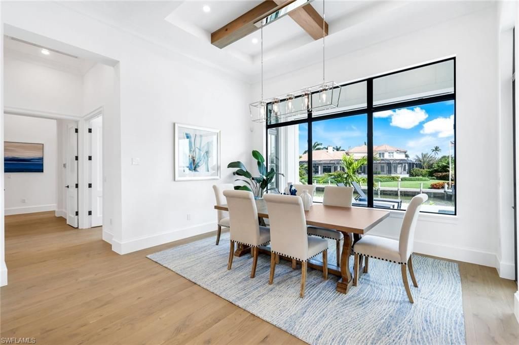 Dining room, Interior, Pendant Lights, Recessed Lighting, Wooden Beams, Wood Texture Flooring