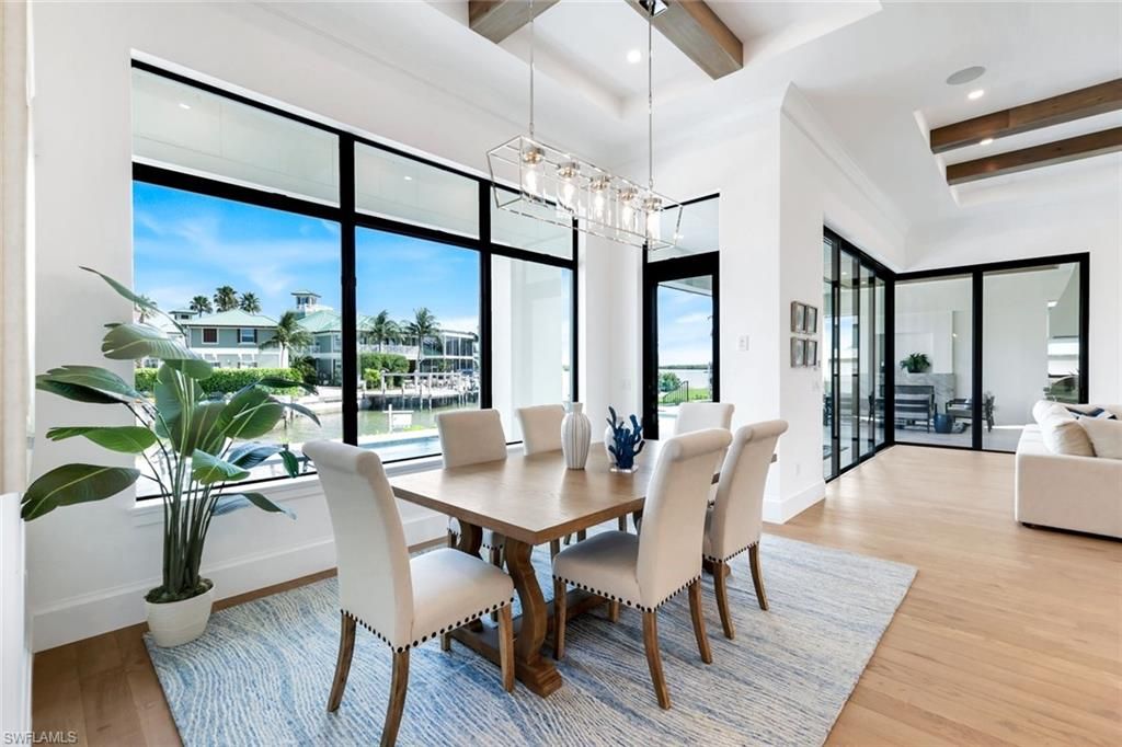 Dining room, Interior, Pendant Lights, Recessed Lighting, Wooden Beams, Wood Texture Flooring