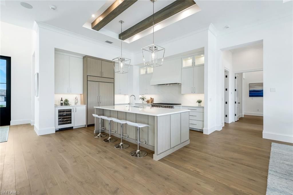 Interior, Kitchen, Pendant Lights, Recessed Lighting, Wooden Beams, Wood Texture Flooring