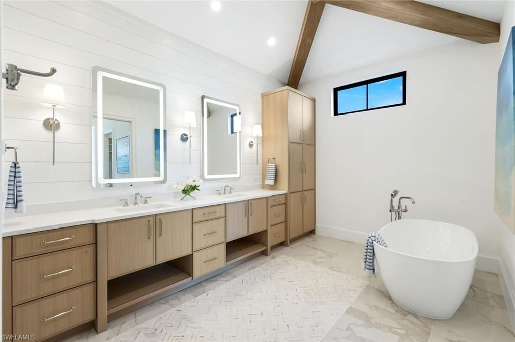 Bathroom, Dual Sink Vanities, Free Standing Baths, Interior, Marble, Recessed Lighting, Wooden Beams