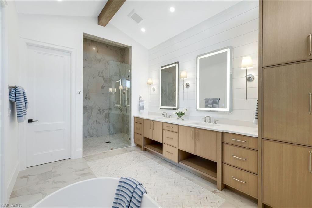 Bathroom, Dual Sink Vanities, Glass Shower, Interior, Marble, Marble Walls, Recessed Lighting, Wooden Beams