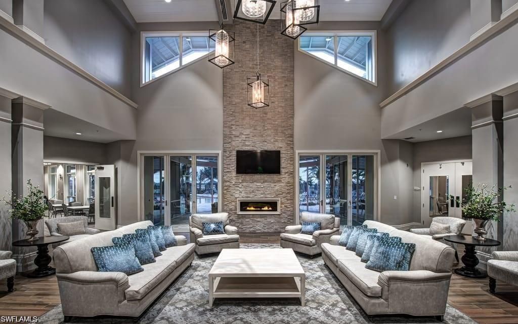Fireplace, Interior, Living room, Pendant Lights, Recessed Lighting, Stone Walls, Wood Texture Flooring