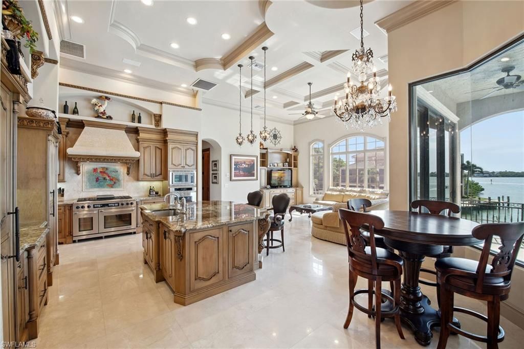 Chandelier, Dining room, Interior, Kitchen, Living room, Pendant Lights, Recessed Lighting, Stainless Steel Appliances, Water