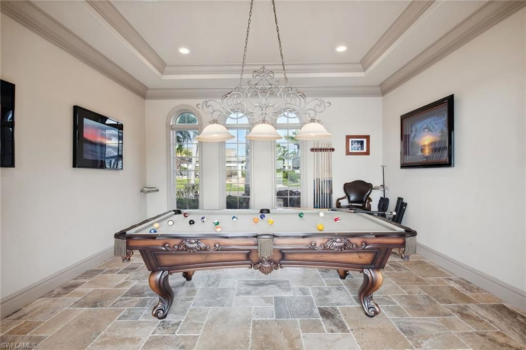 Billiard Table, Chandelier, Game Room, Interior, Recessed Lighting