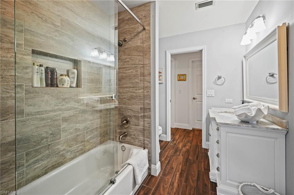 Bathroom, Glass Shower, Interior, Wood Texture Flooring