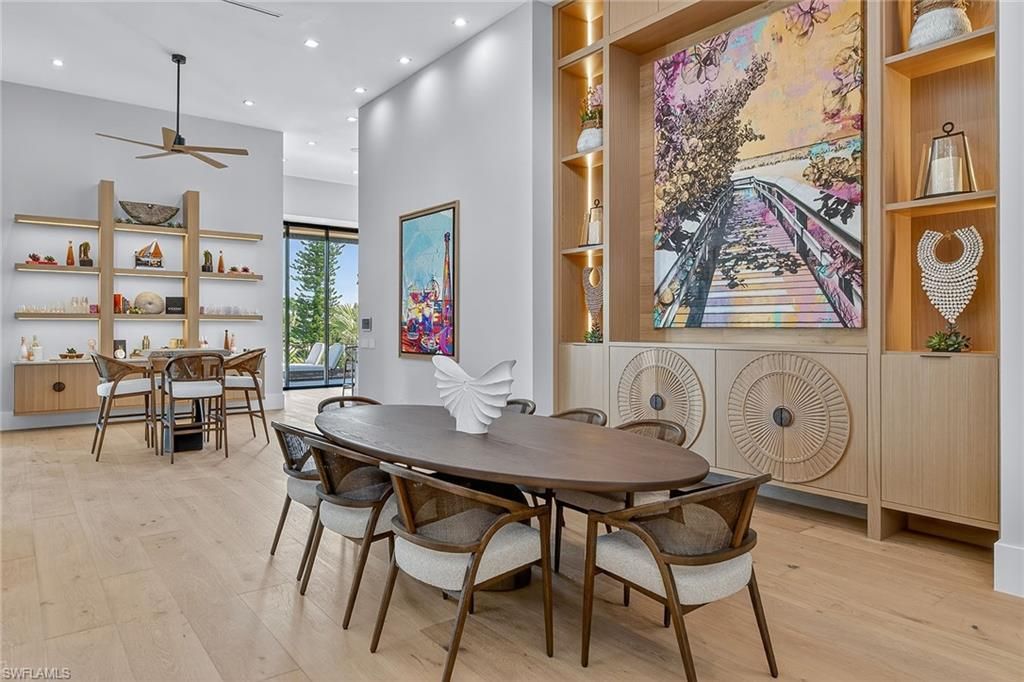 Dining room, Interior, Recessed Lighting, Wood Texture Flooring