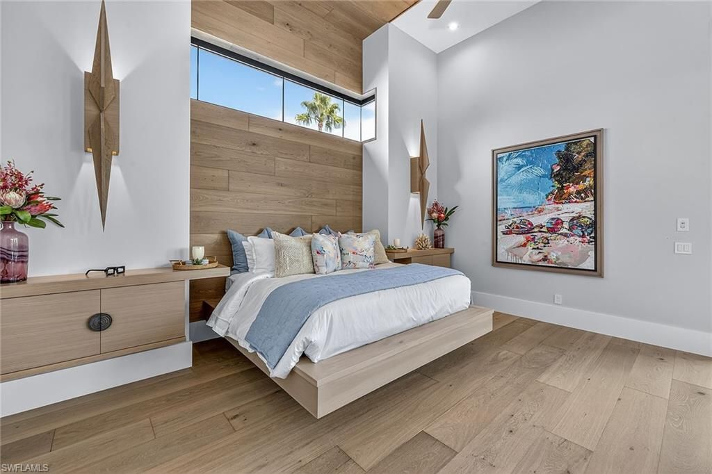 Bedroom, Interior, Recessed Lighting, Wood Texture Flooring, Wooden Walls