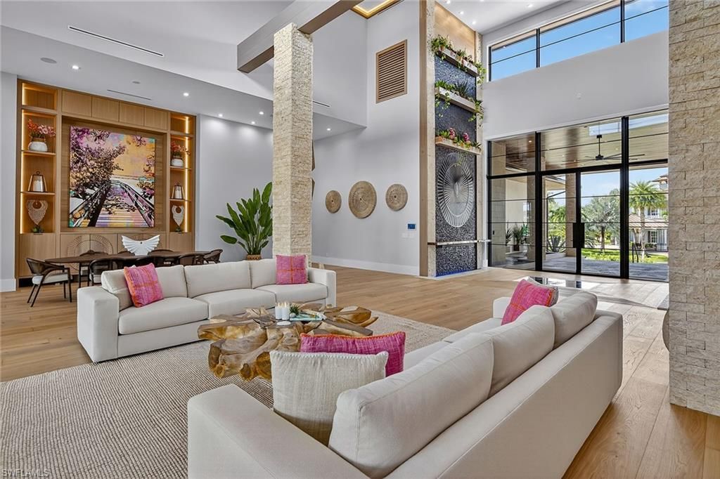 Dining room, Interior, Living room, Recessed Lighting, Stone Walls, Wood Texture Flooring