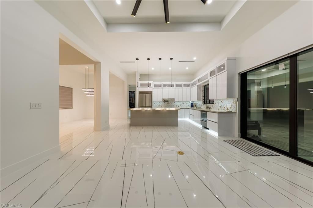 Interior, Kitchen, Marble, Pendant Lights, Recessed Lighting, Stainless Steel Appliances