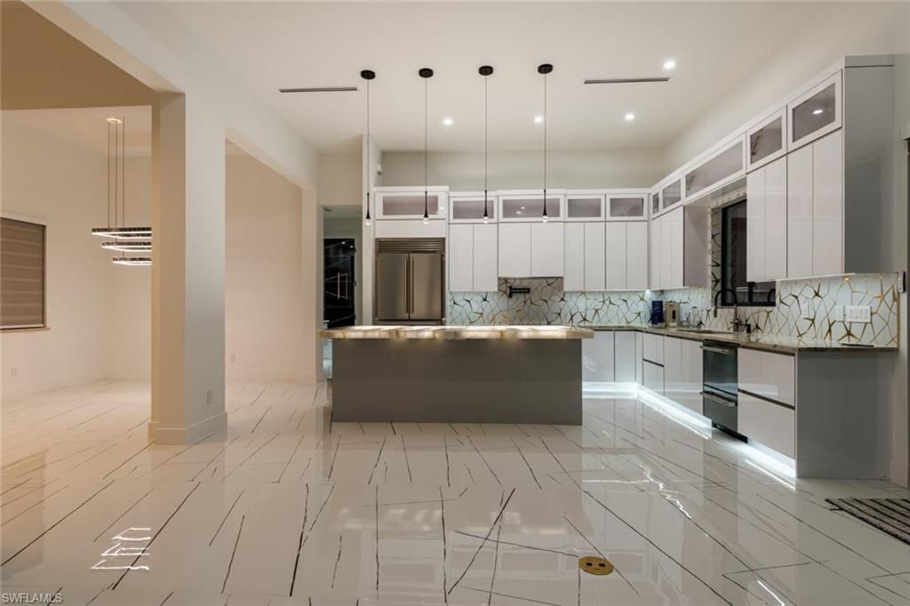 Interior, Kitchen, Marble, Pendant Lights, Recessed Lighting, Stainless Steel Appliances