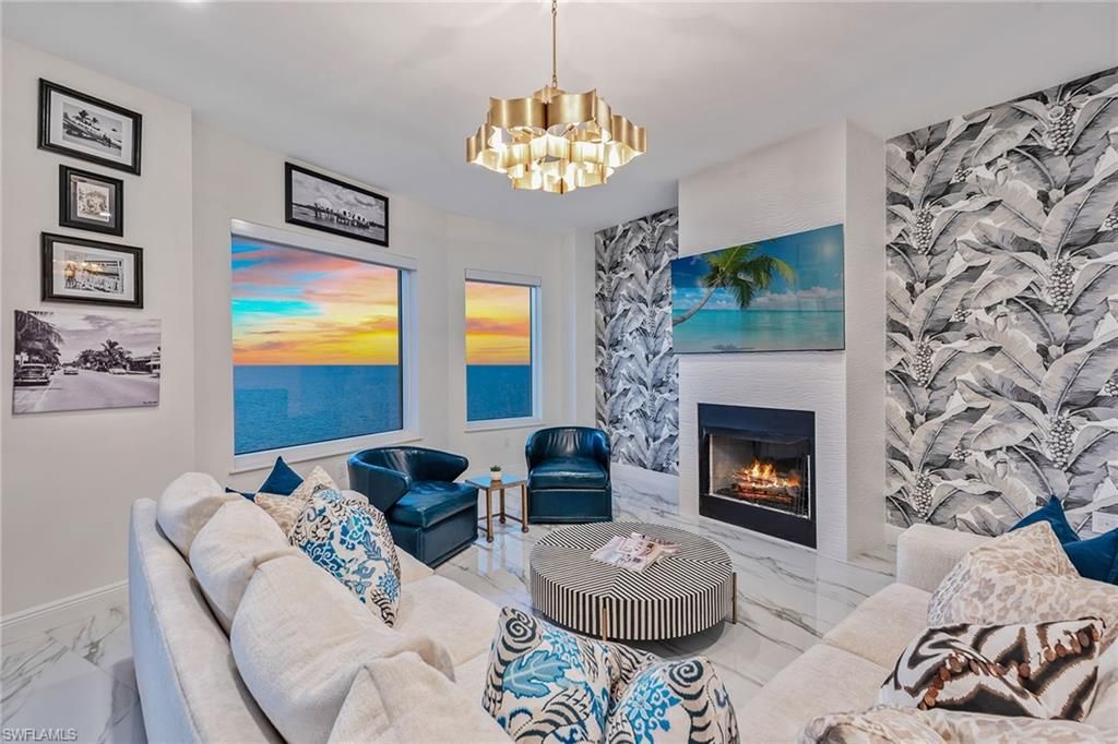 Fireplace, Interior, Living room, Marble, Pendant Lights, Water