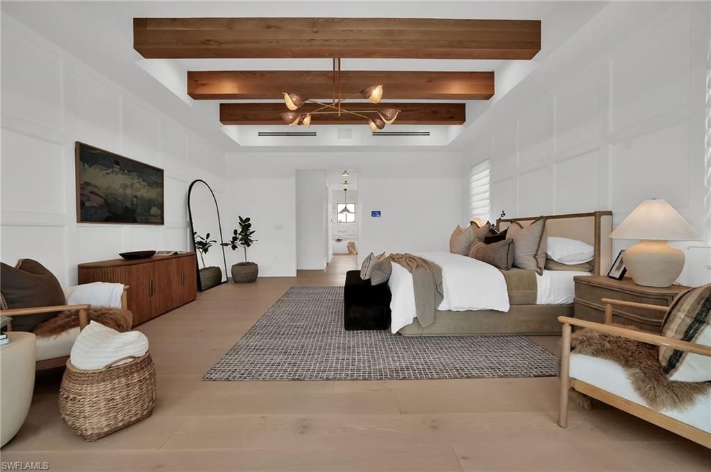 Bedroom, Interior, Pendant Lights, Wooden Beams, Wood Texture Flooring