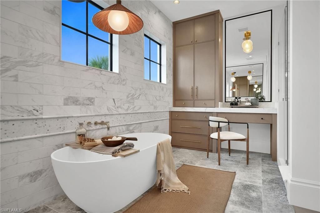 Bathroom, Free Standing Baths, Interior, Marble Walls, Recessed Lighting