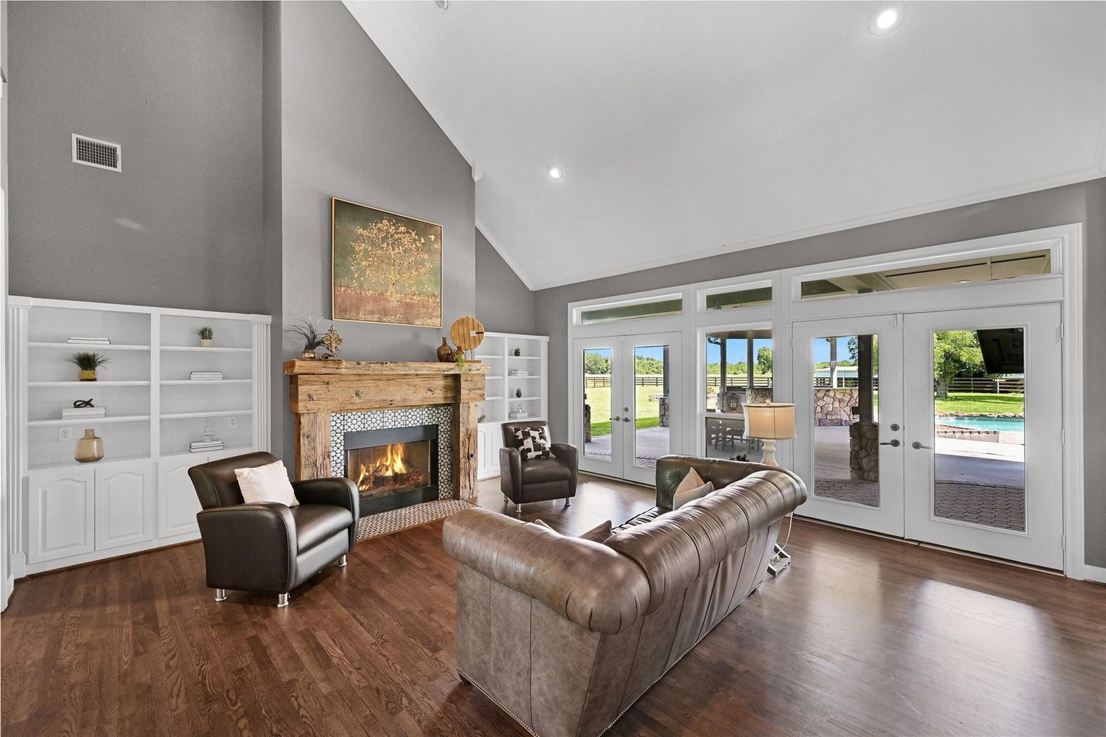 Fireplace, Interior, Living room, Recessed Lighting, Wood Texture Flooring