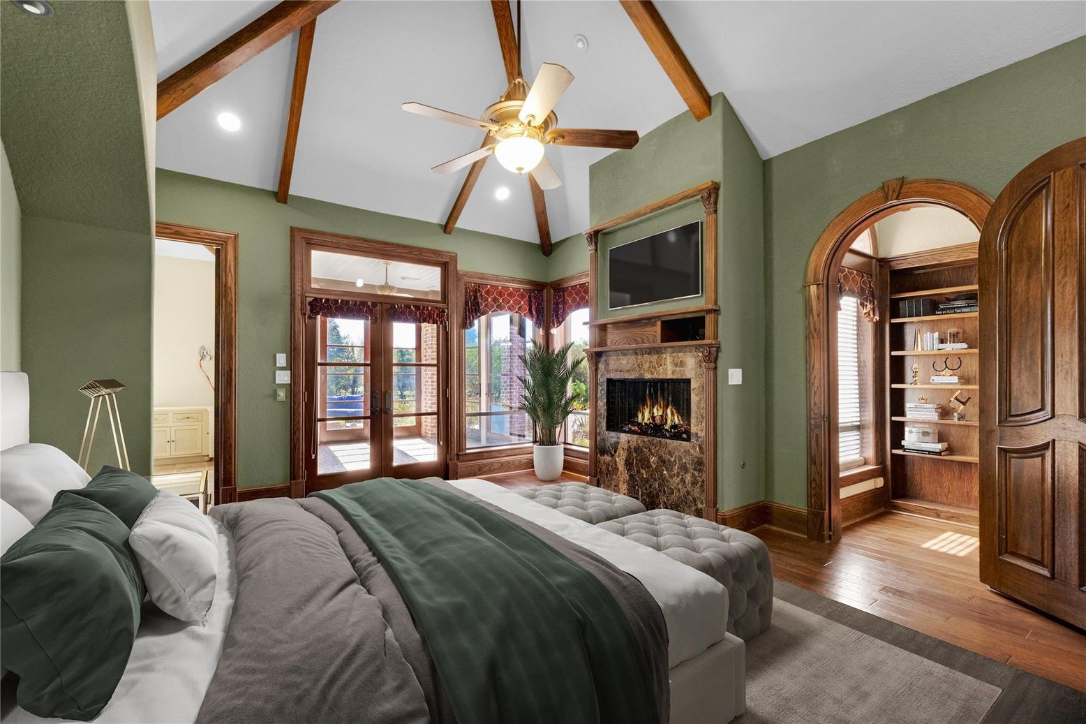 Bedroom, Fireplace, Interior, Recessed Lighting, Wooden Beams, Wood Texture Flooring
