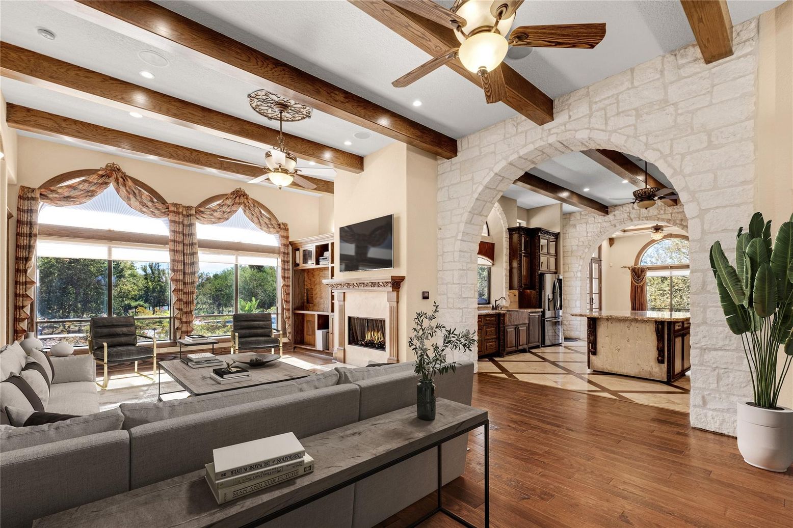 Fireplace, Interior, Living room, Recessed Lighting, Stone Walls, Wooden Beams, Wood Texture Flooring
