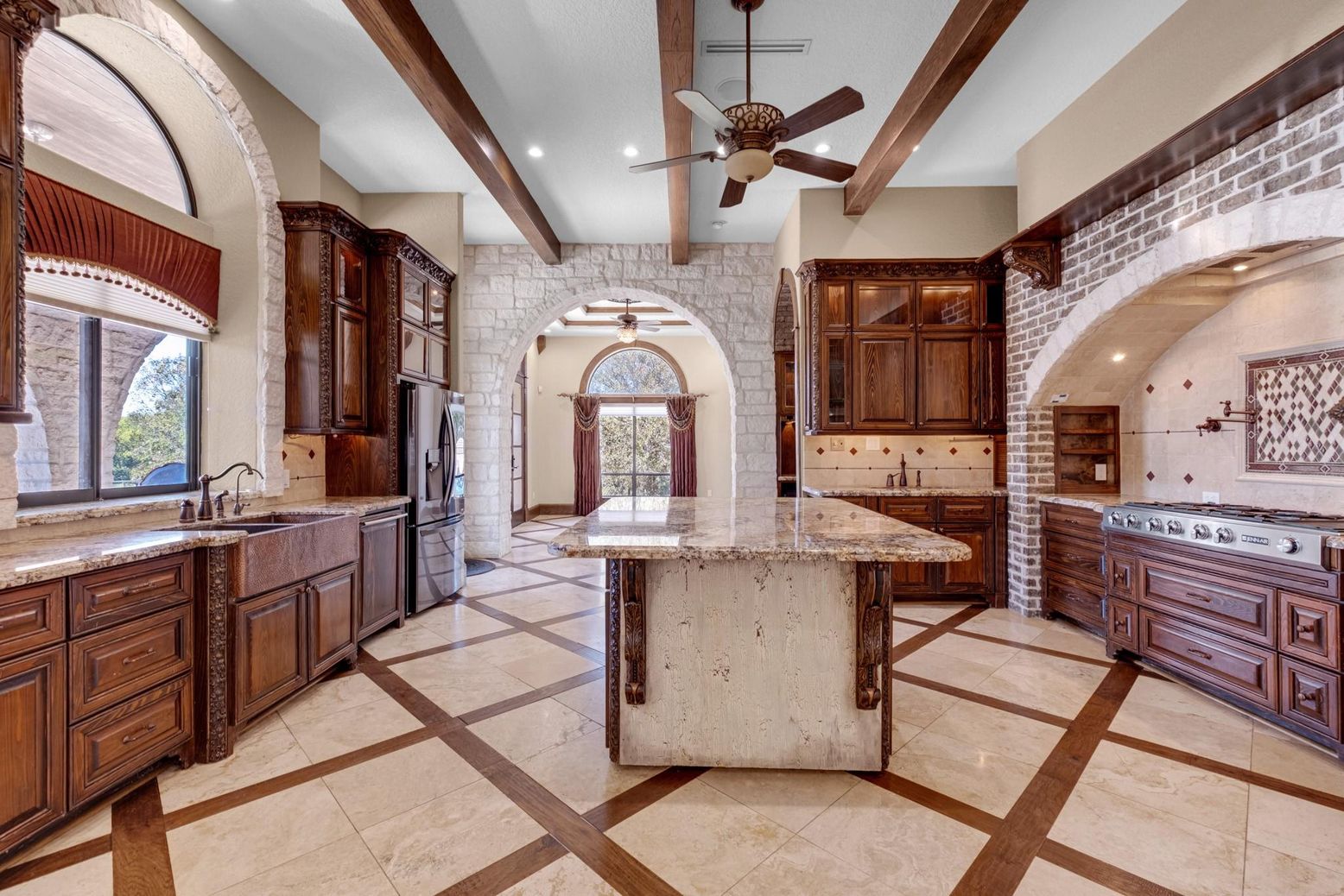 Interior, Kitchen, Recessed Lighting, Stone Walls, Wooden Beams