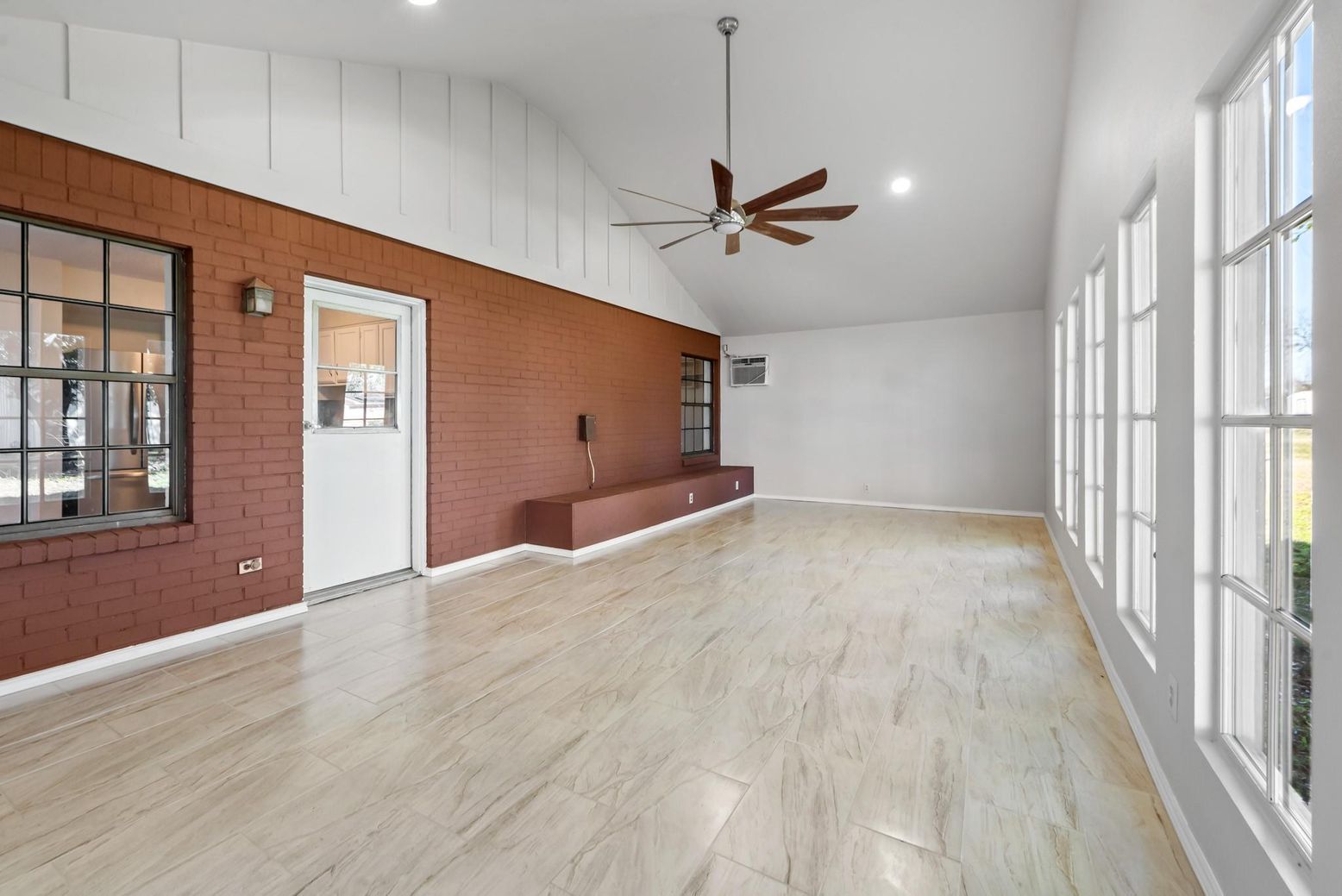 Empty room, Interior, Marble, Recessed Lighting, Stone Walls, Wood Texture Flooring, Wooden Walls