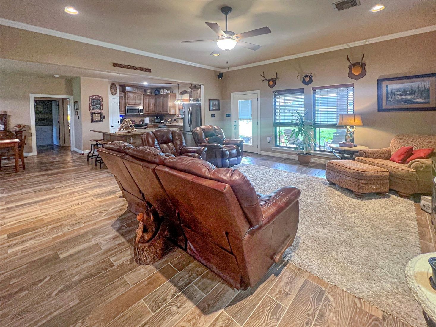 Interior, Kitchen, Living room, Recessed Lighting, Stainless Steel Appliances, Wood Texture Flooring