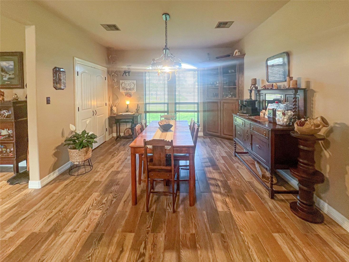 Dining room, Interior, Pendant Lights, Wood Texture Flooring