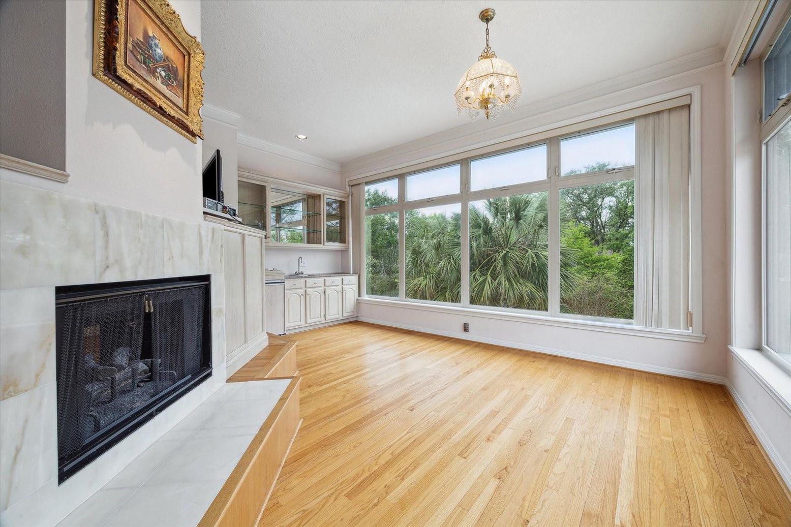 Empty room, Fireplace, Interior, Pendant Lights, Recessed Lighting, Wood Texture Flooring