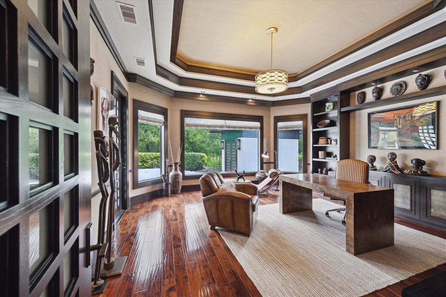 Home Office, Interior, Pendant Lights, Wood Texture Flooring