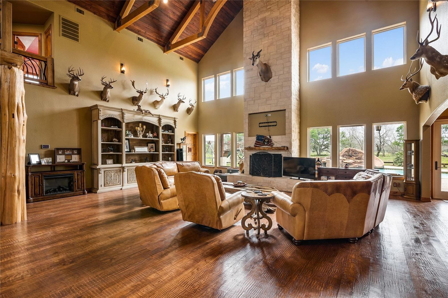 Fireplace, Interior, Living room, Stone Walls, Wooden Beams, Wooden Ceilings, Wood Texture Flooring