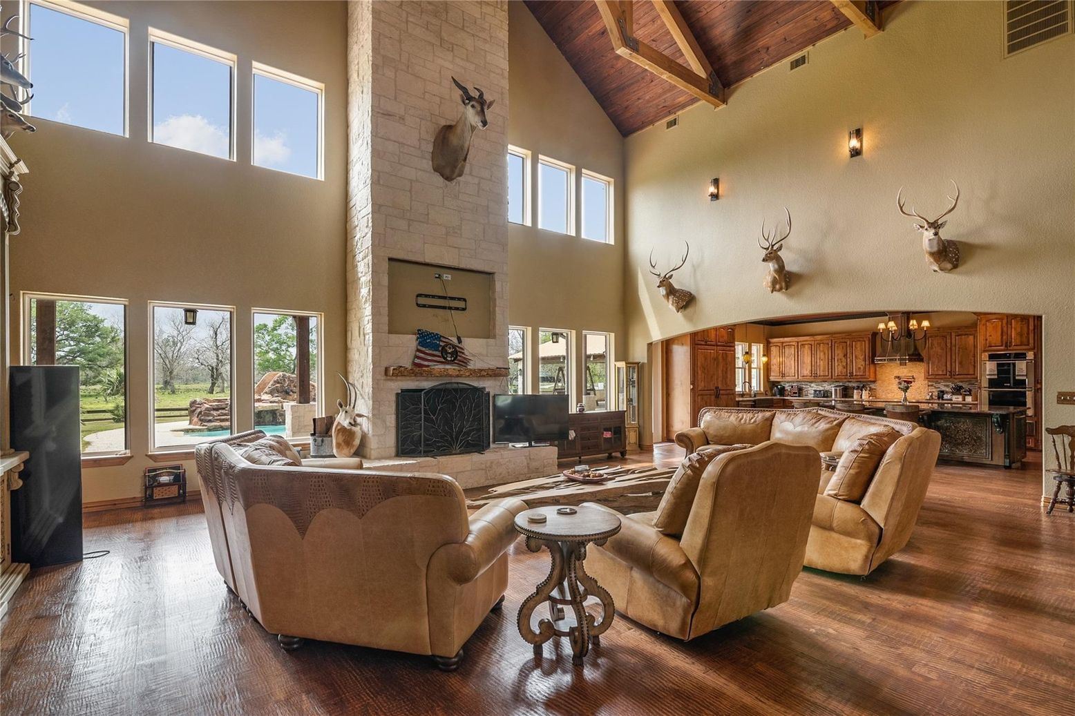 Fireplace, Interior, Kitchen, Living room, Stone Walls, Wooden Beams, Wooden Ceilings, Wood Texture Flooring