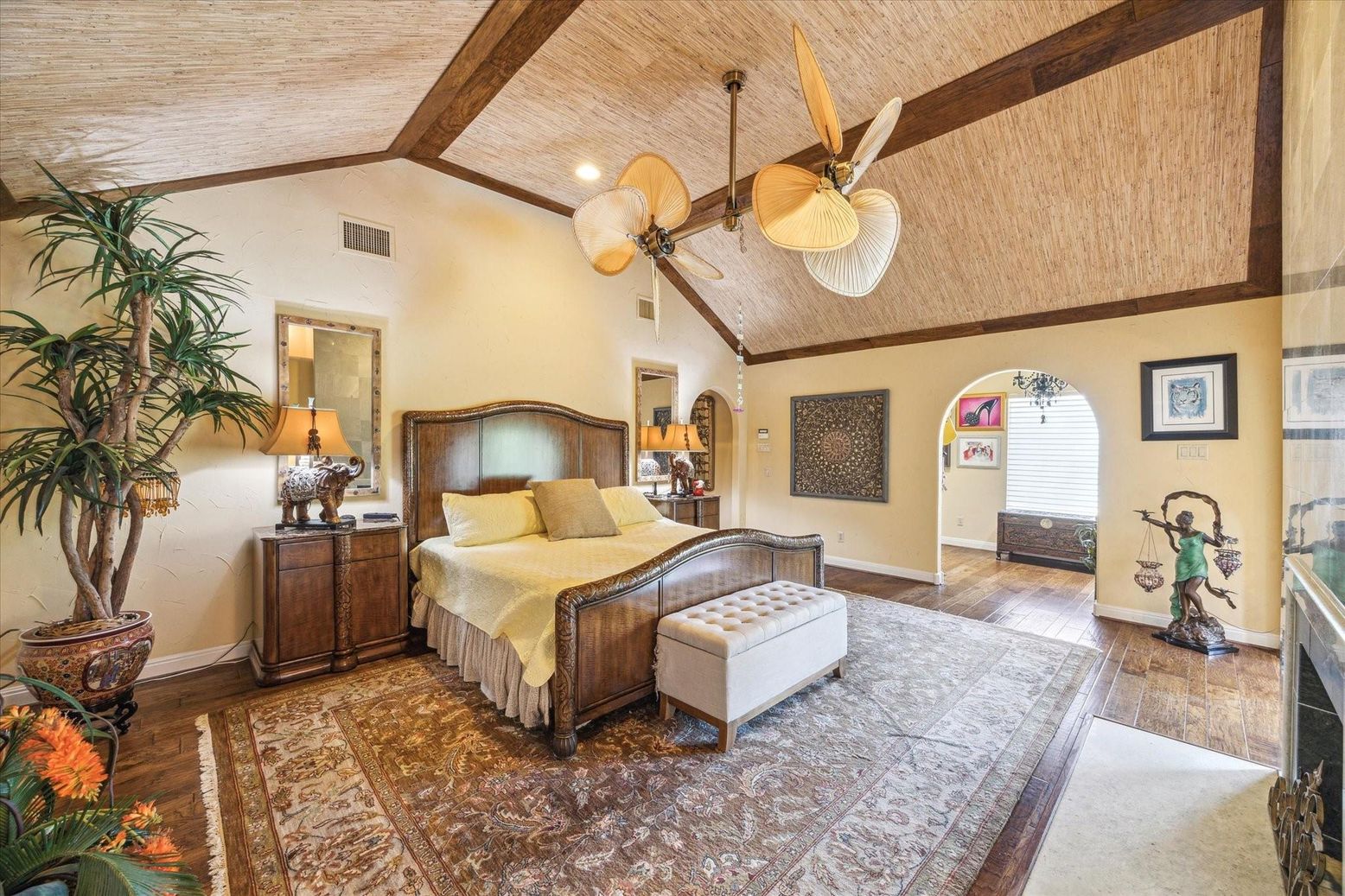 Bedroom, Interior, Recessed Lighting, Wooden Beams, Wood Texture Flooring