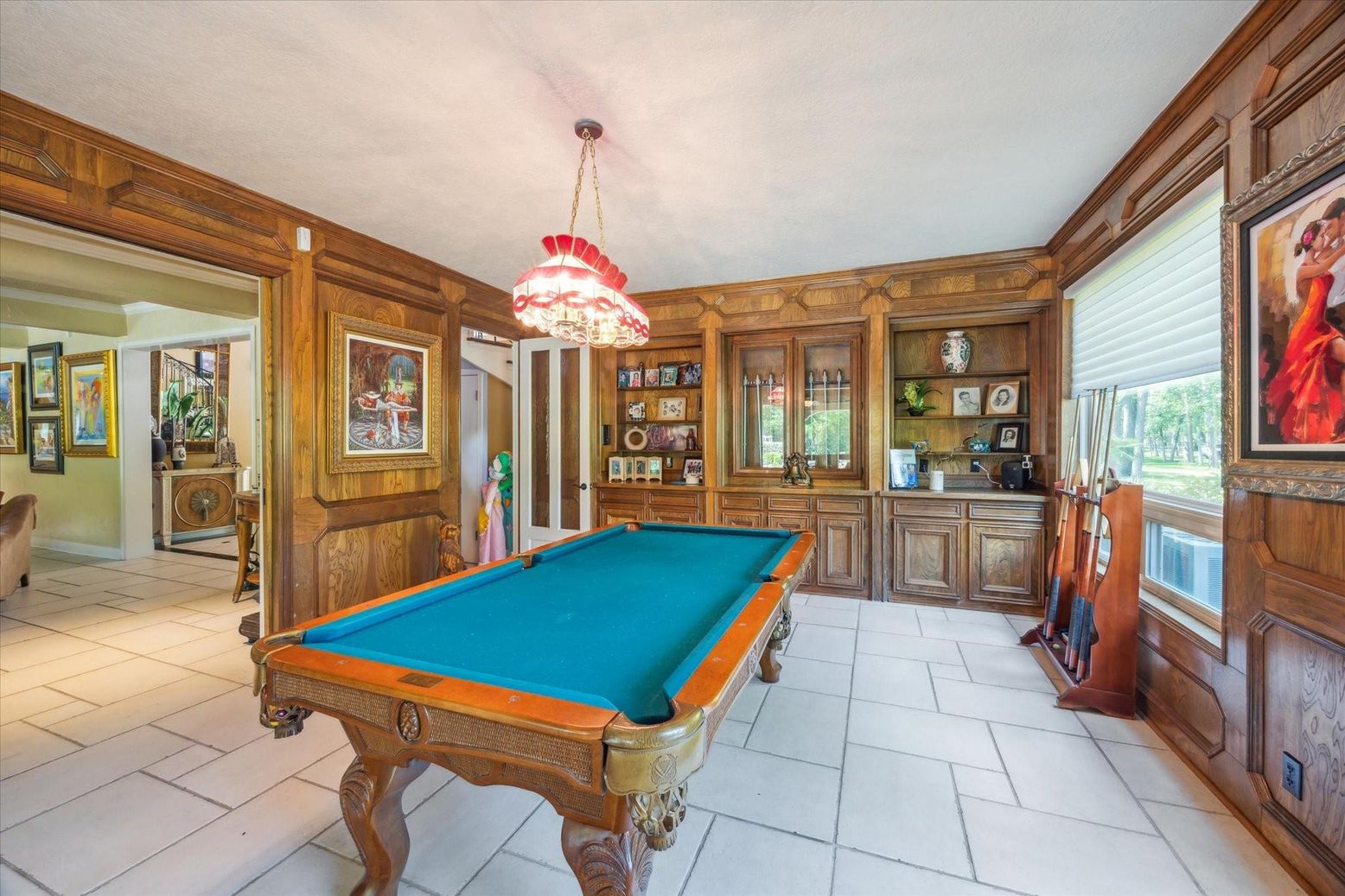 Billiard Table, Game Room, Interior, Pendant Lights, Wooden Walls