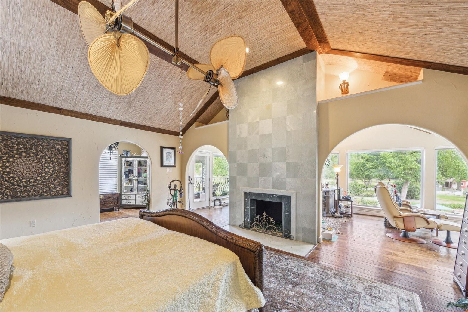 Bedroom, Fireplace, Interior, Wooden Beams, Wooden Ceilings, Wood Texture Flooring