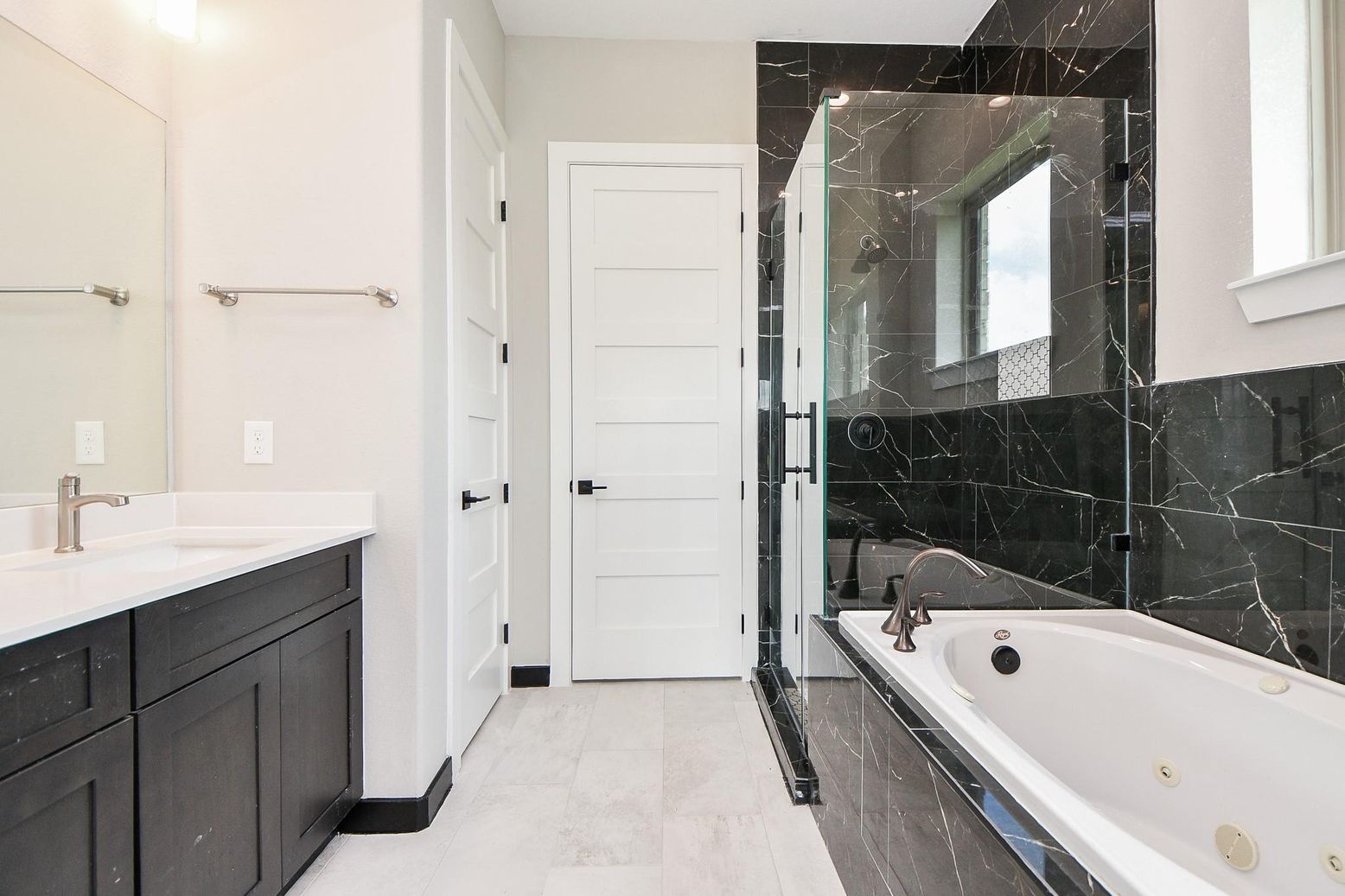 Bathroom, Dual Sink Vanities, Glass Shower, Interior, Marble Walls