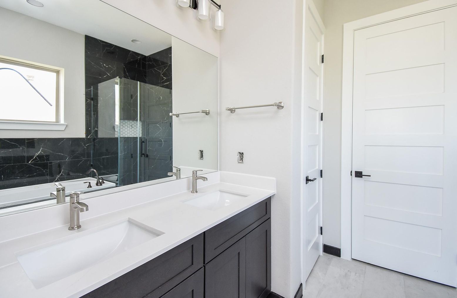 Bathroom, Dual Sink Vanities, Glass Shower, Interior, Marble Walls