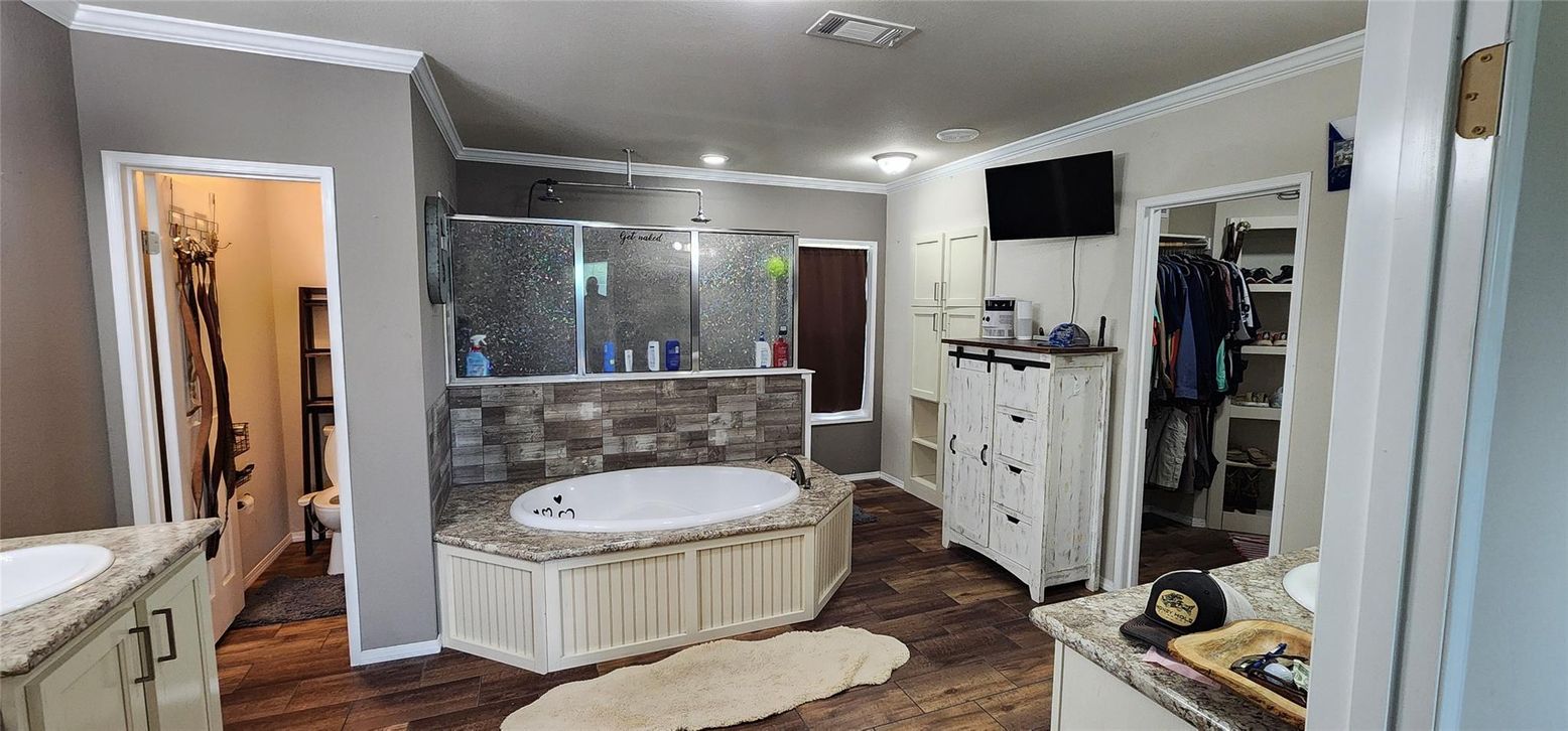 Bathroom, Glass Shower, Interior, Wood Texture Flooring