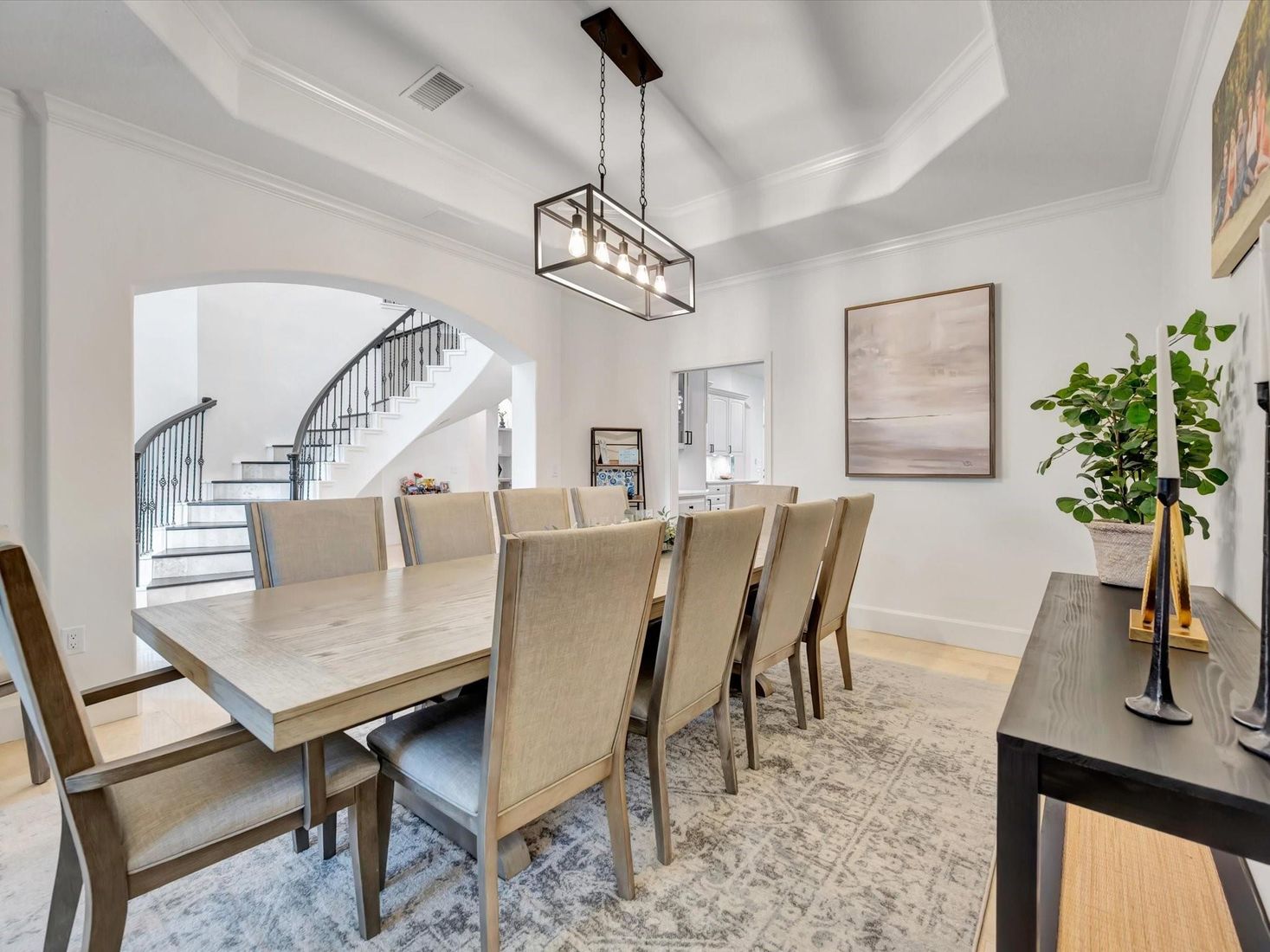 Dining room, Interior, Pendant Lights, Wood Texture Flooring
