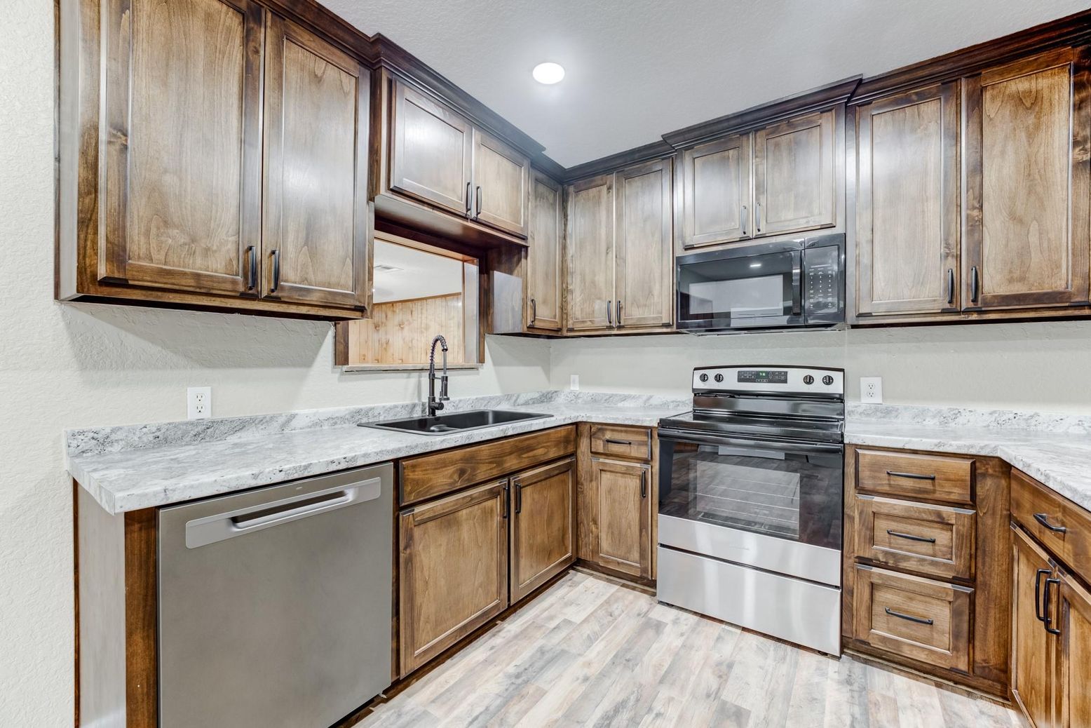 Interior, Kitchen, Recessed Lighting, Wood Texture Flooring
