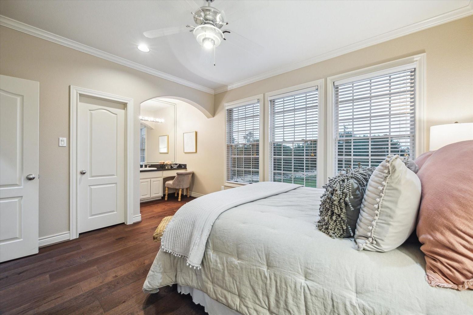 Bedroom, Interior, Recessed Lighting, Wood Texture Flooring