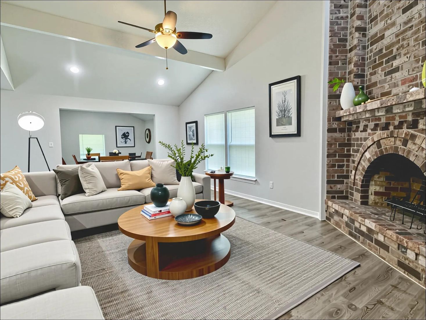 Fireplace, Interior, Living room, Recessed Lighting, Stone Walls, Wood Texture Flooring