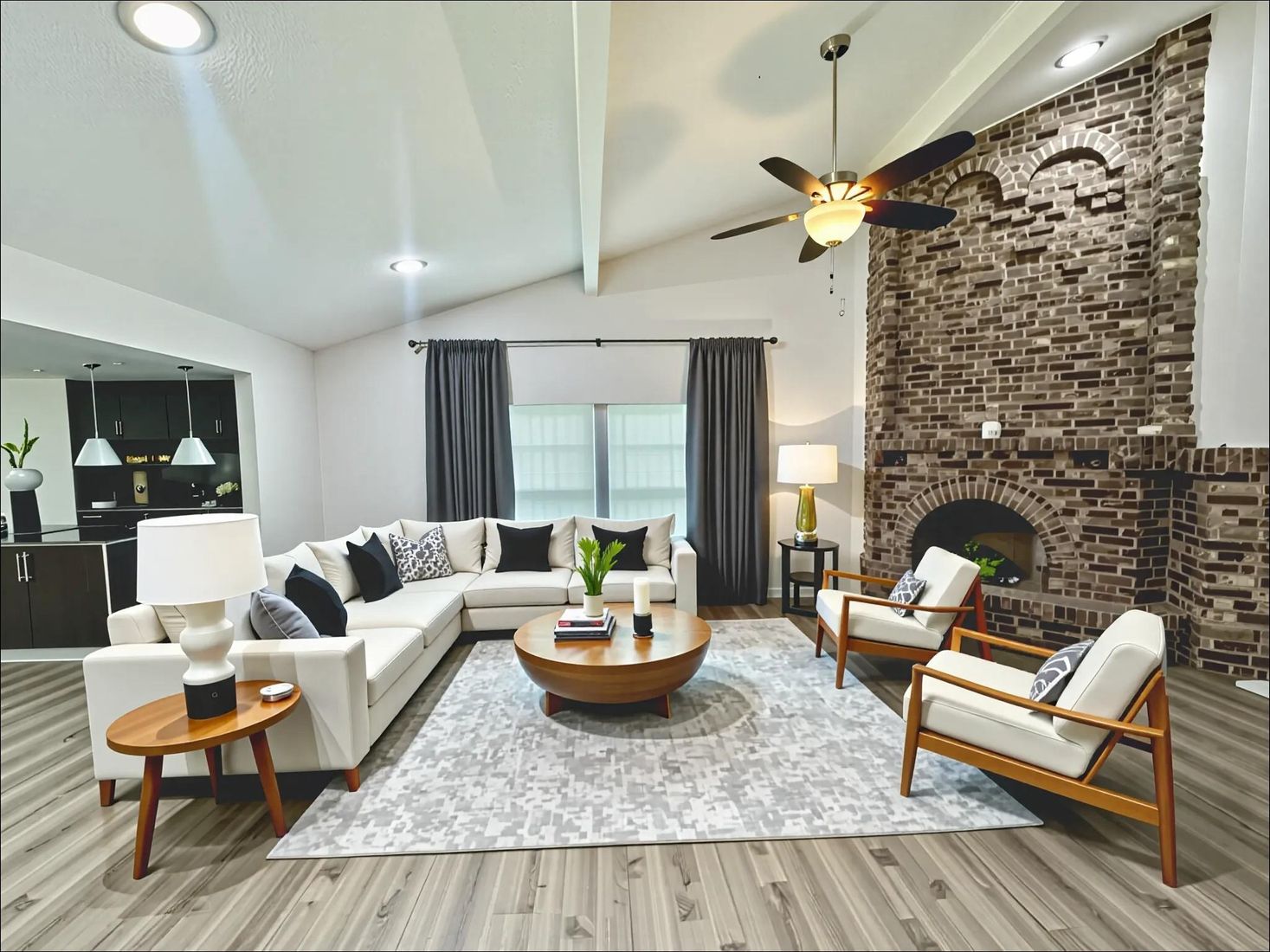 Fireplace, Interior, Living room, Recessed Lighting, Stone Walls, Wood Texture Flooring