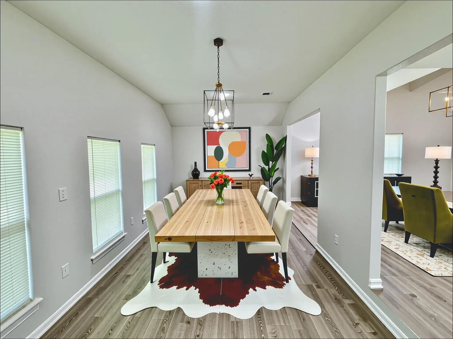 Dining room, Interior, Pendant Lights, Wood Texture Flooring