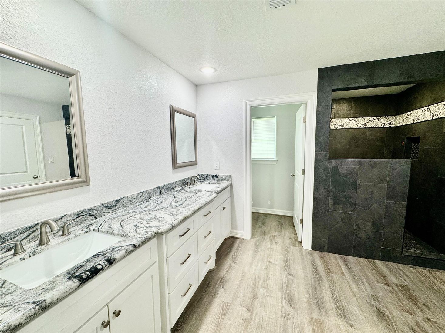 Bathroom, Dual Sink Vanities, Interior, Recessed Lighting, Wood Texture Flooring