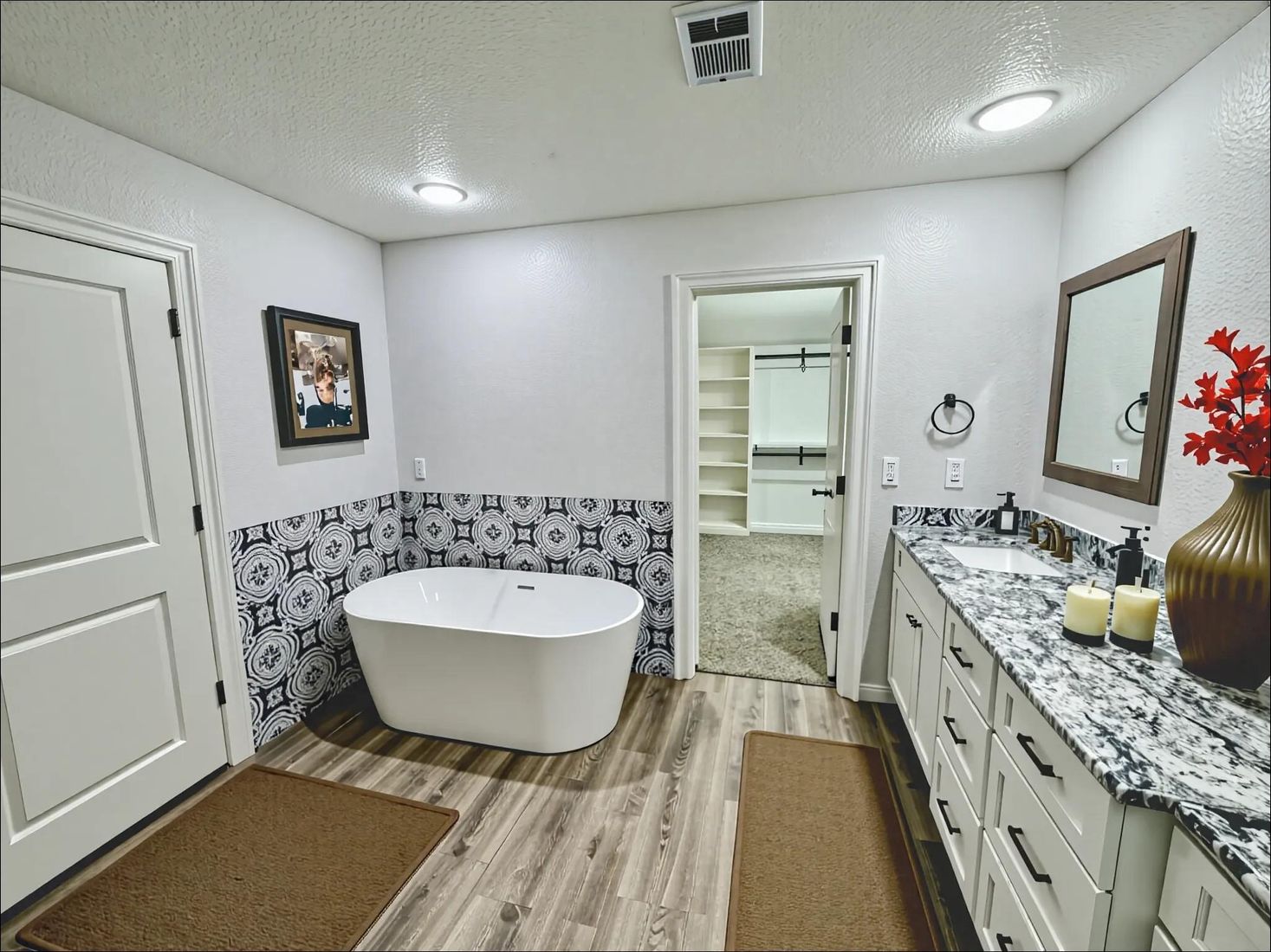 Bathroom, Dual Sink Vanities, Free Standing Baths, Interior, Recessed Lighting, Wood Texture Flooring