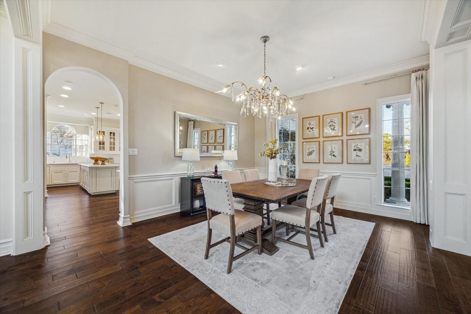 Dining room, Interior, Pendant Lights, Recessed Lighting, Wood Texture Flooring