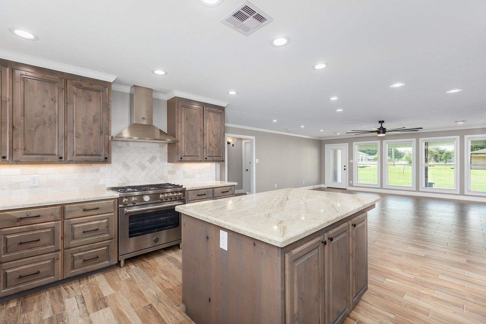 Interior, Kitchen, Recessed Lighting, Stainless Steel Appliances, Wood Texture Flooring