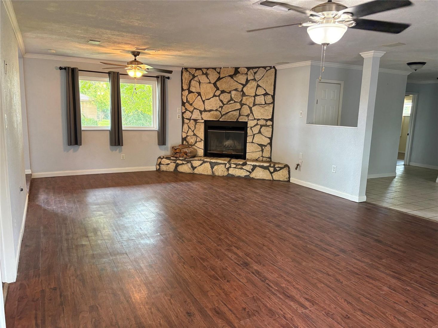 Empty room, Fireplace, Interior, Stone Walls, Wood Texture Flooring