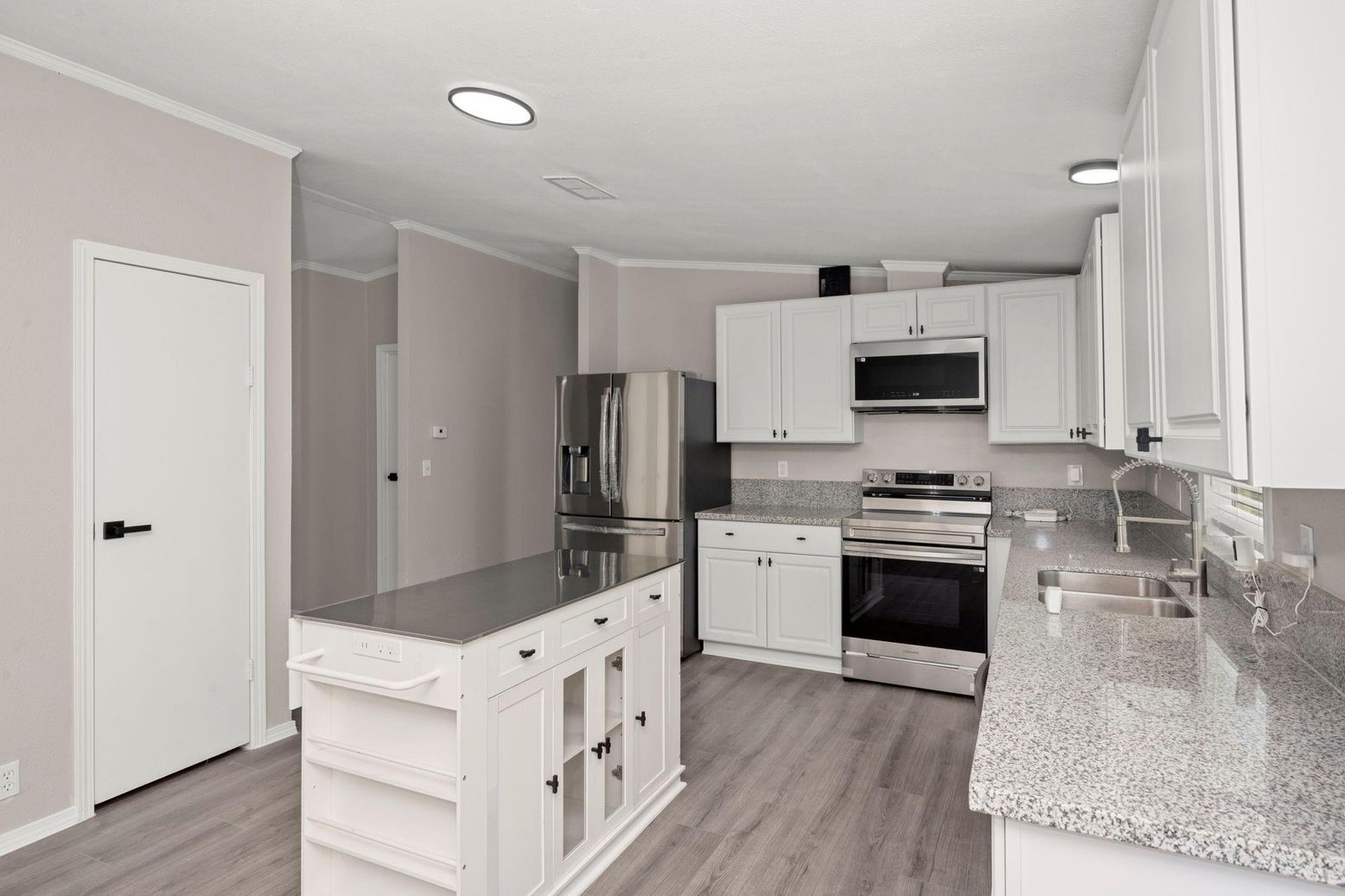 Interior, Kitchen, Recessed Lighting, Stainless Steel Appliances, Wood Texture Flooring