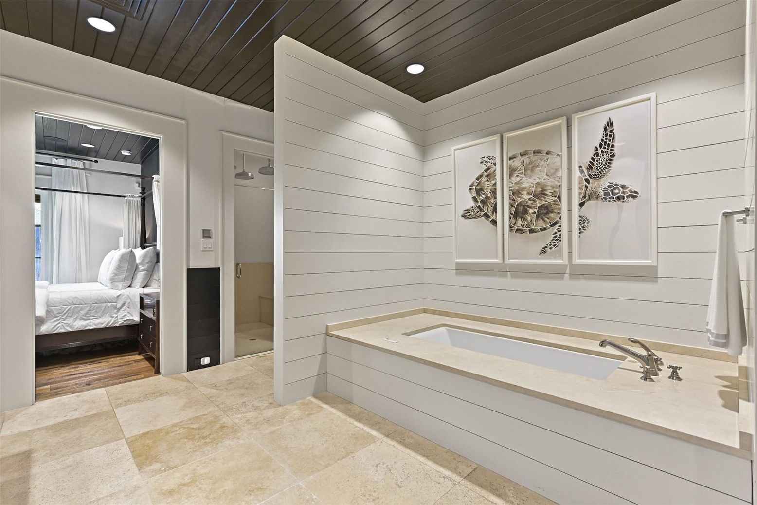 Bathroom, Bedroom, Interior, Recessed Lighting, Wooden Ceilings, Wood Texture Flooring